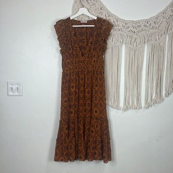 Ulla Johnson Printed Anika Dress Sz 2 Burnt Orange boho printed midi sleeveless - Picture 3 of 6